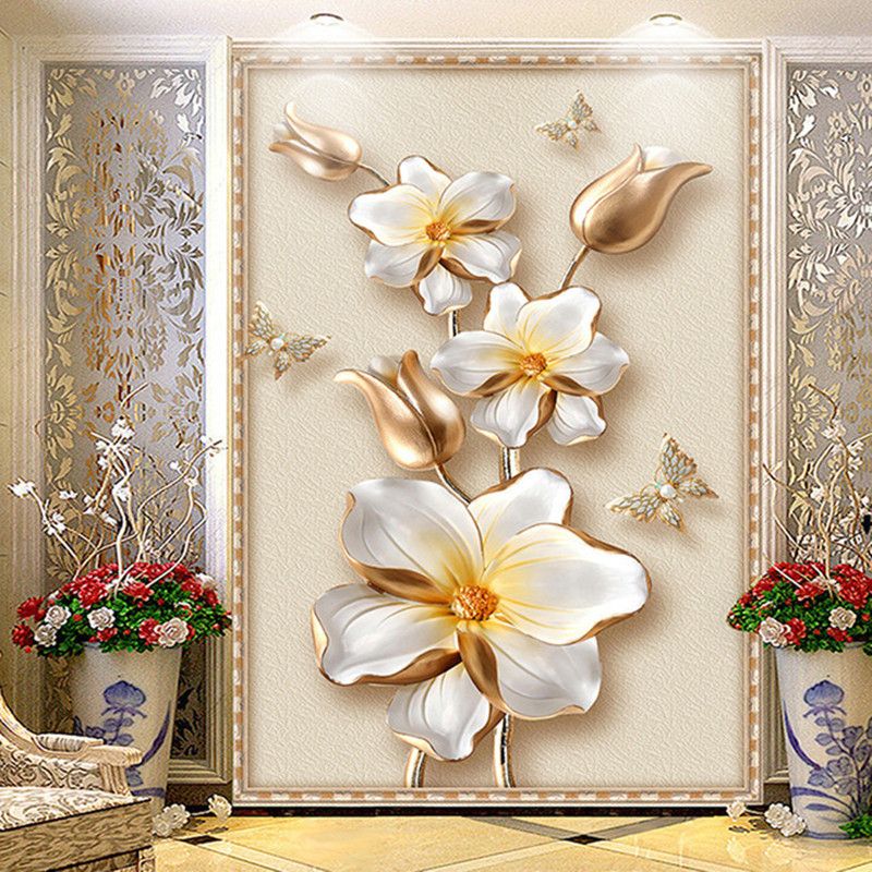 Estereoscópico 3D Flor de oro de lujo Joyería Foto Mural Papel tapiz de estilo europeo Hotel Sala de estar Entrada Fondo Papeles de pared