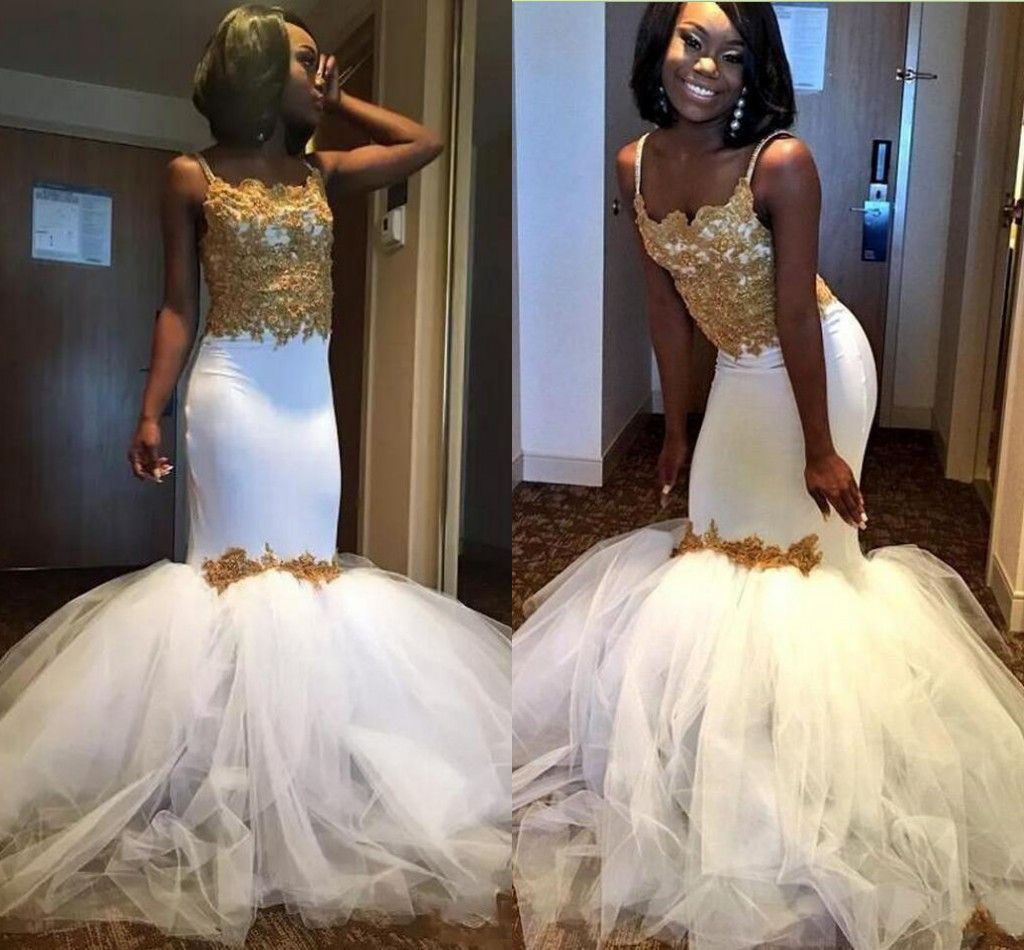 Sexy African Mermaid Plus Size Prom Dresses 2018 White And Gold Evening ...