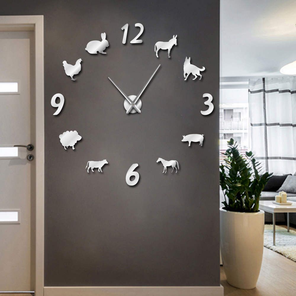 1piece Forest Farm Animal Diy Large Wall Clock Pig Sheep Frameless Giant Watch 3d Big Mirror Sticker Farmer Gift