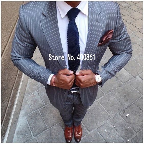 Acheter Design Classique Groom Smokings Deux Boutons Gris Rayé Encoche Revers Groomsmen Meilleur Homme Costume Costumes De Mariage Pour Hommes Veste