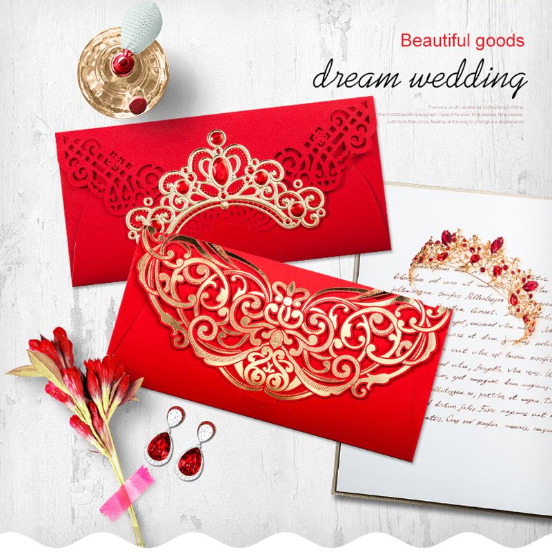 red laser cut wedding invitation envelope lace flower invitation