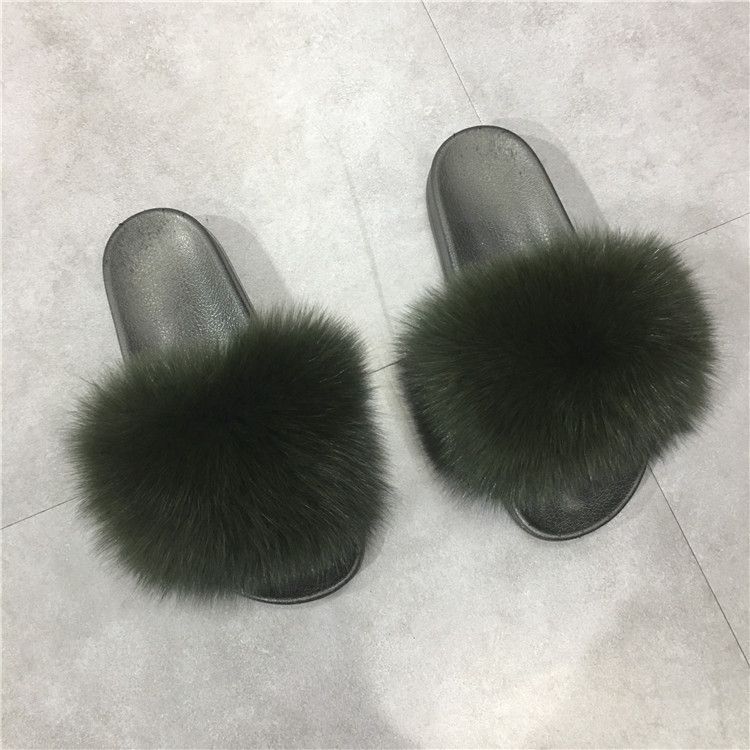 women fox fur slippers summer flip flops big real fur slides home