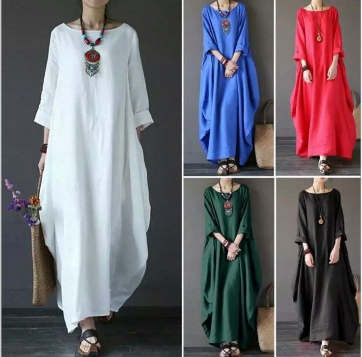 Women Cotton Linen Dress Plus Size Loose Kaftan Casual Boho Chic A Line
