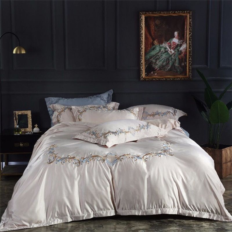 Light Gold Luxury Embroidery Comfortable Silk Bedding Set Queen King Light Gold Luxury Embroidery Comfortable Silk Bedding Set Queen King Size Bed Duvet Cover Linen Sheet Pillowcases Beautiful Covers Egyptian
