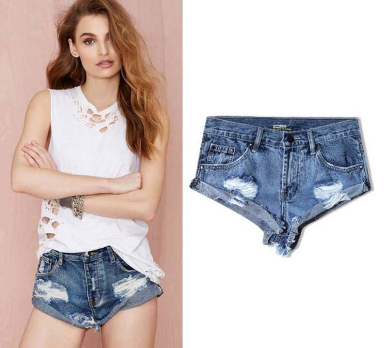 женские джинсовые шорты мода дамы разорвал отверстие Мидд талии летние короткие джинсы сексуальные мини-попой шорты для женщины