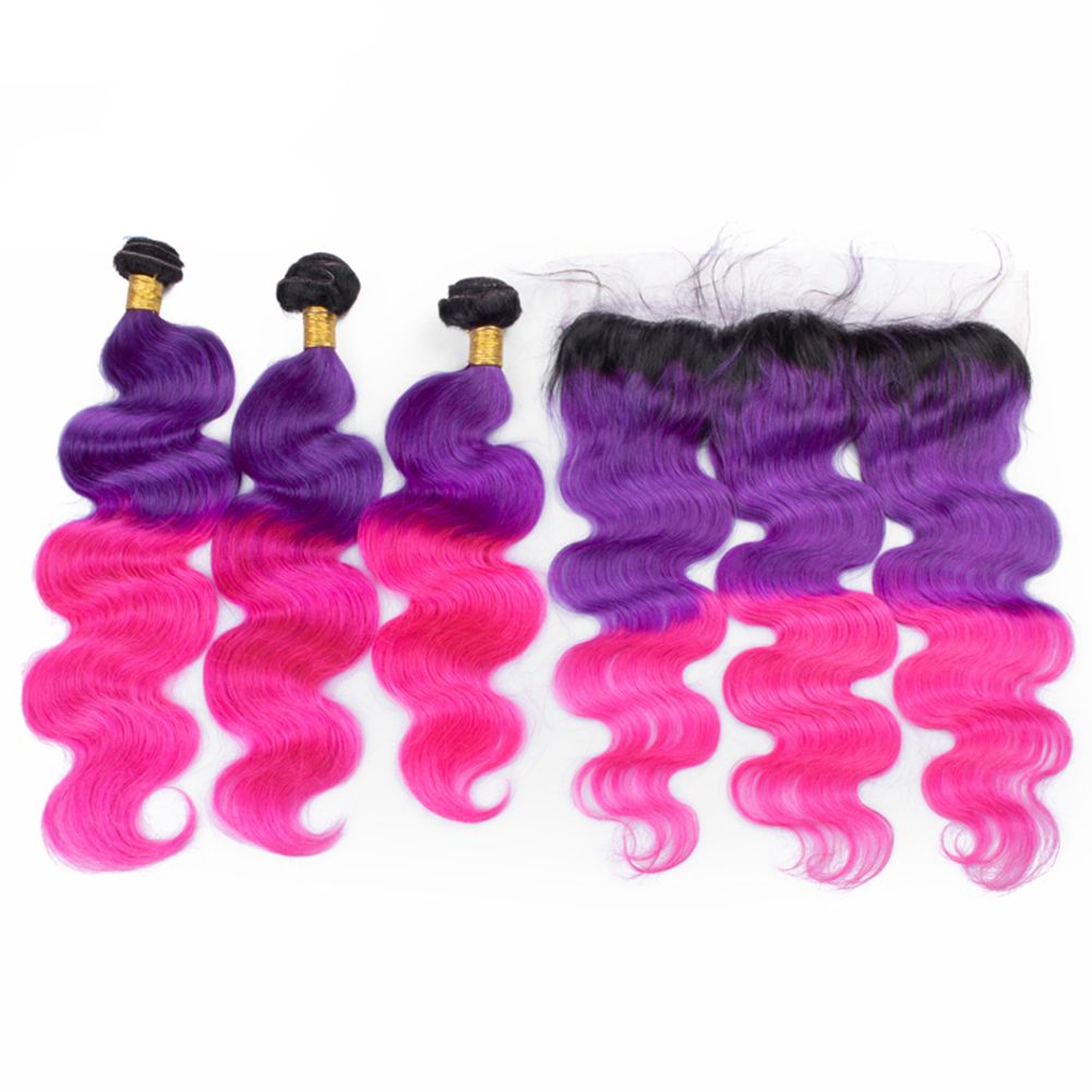 2019 Dark Roots 1b Purple Pink Hair Weft Extension With Ear To Ear