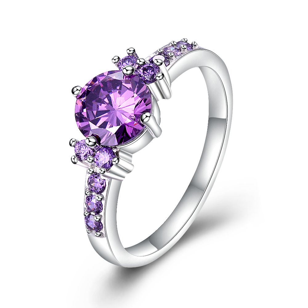 White Gold Plated Purple Amethyst Jewelry Rings Cz Jewelry Rings