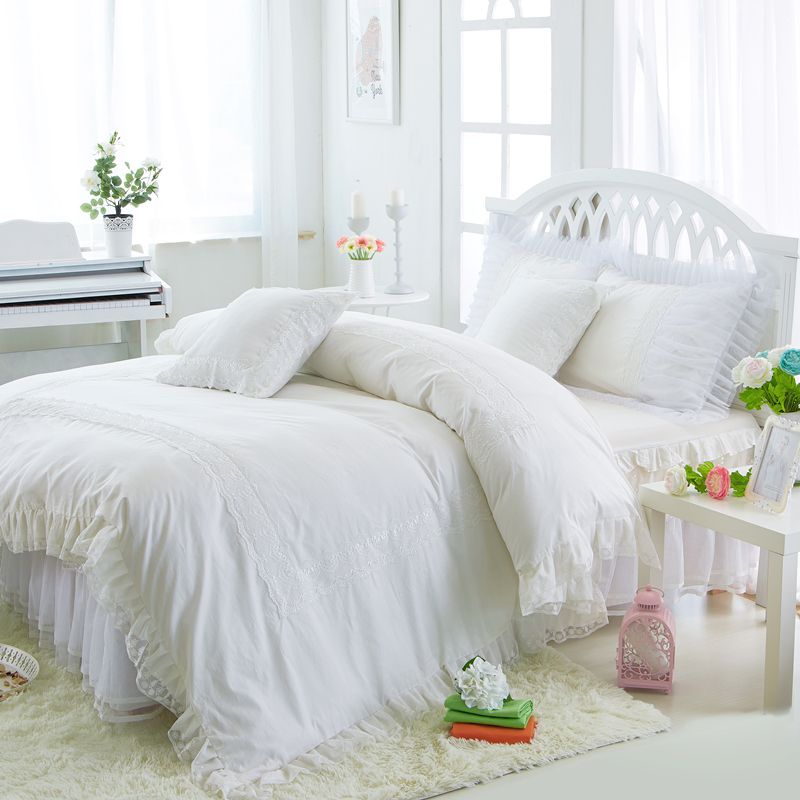 Princess White Bedding Set Luxury 4 Ruffles Duvet Cover Bed Skirt Princess White Bedding Set Luxury 4 Ruffles Duvet Cover Bed Skirt Bedspread Bedclothes Cotton Twin Queen King Size Sheet Sets From Merlle