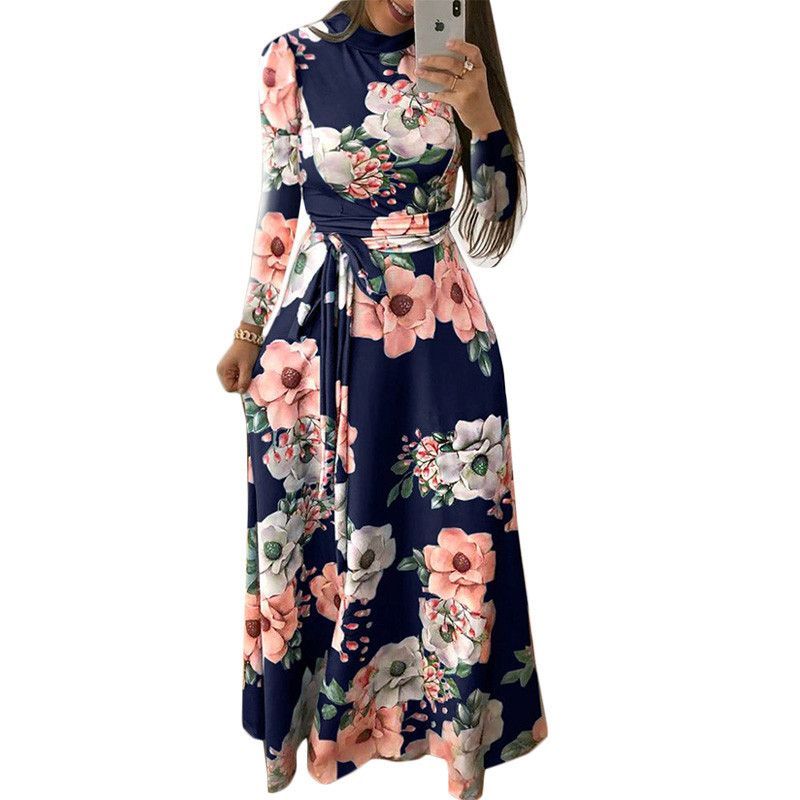 2019 Autumn Long Maxi Dress Women Vintage Floral Print Boho Beach Dress Long Sleeve Elegant Party Bandage Dress Vestidos Mujer