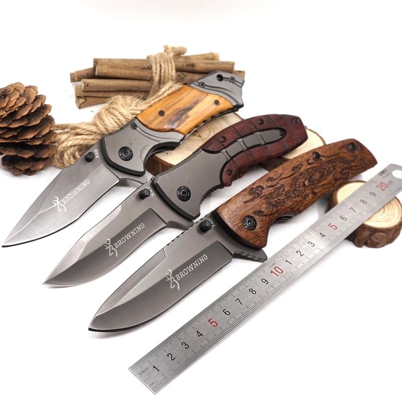 Browning Folding Knife Camping Hunting Pocket Knife 5cR15 Blade Steel+Wood Handle Tactical