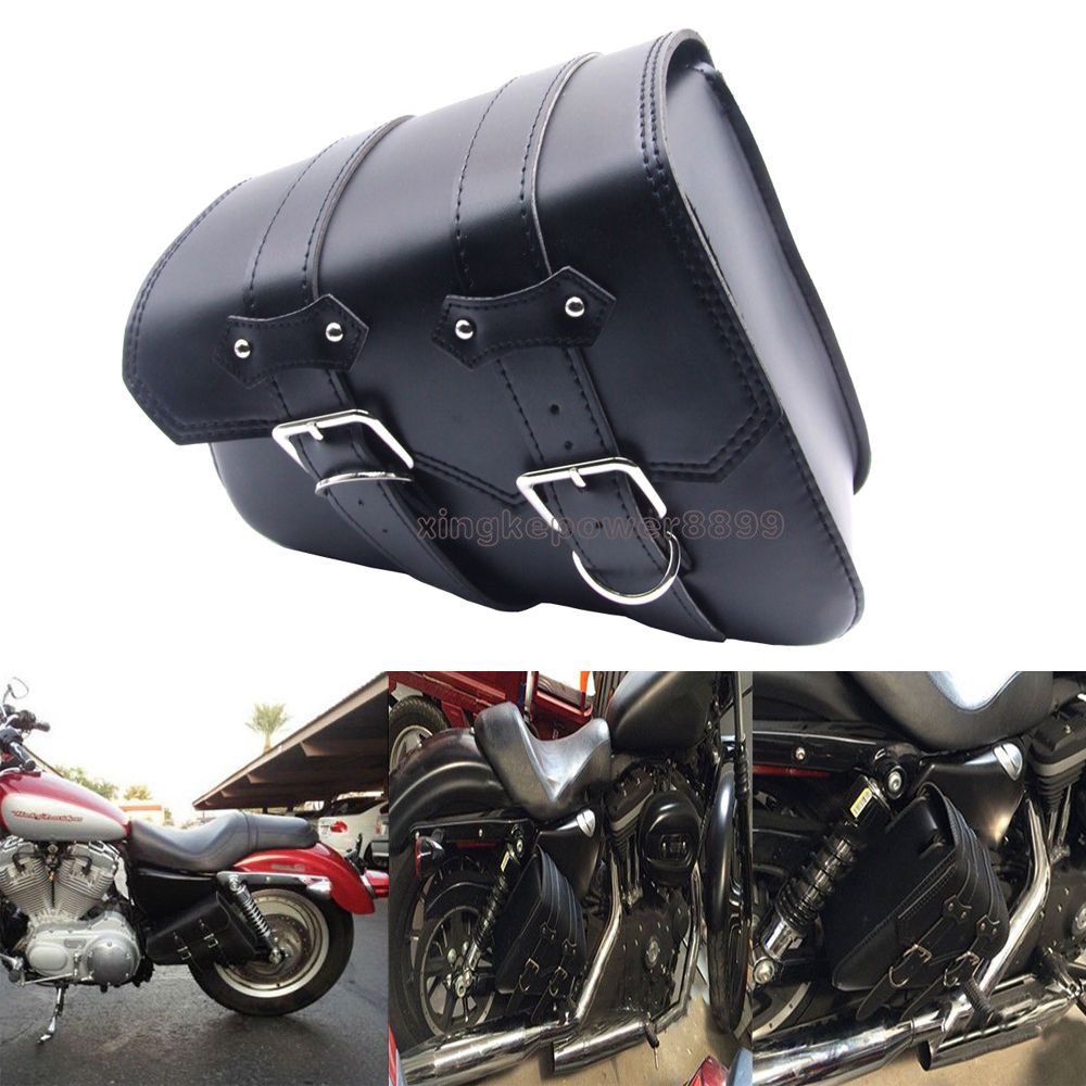 Black PU Motorcycle Leather Saddle Side Bag Straps For Harley Sportster