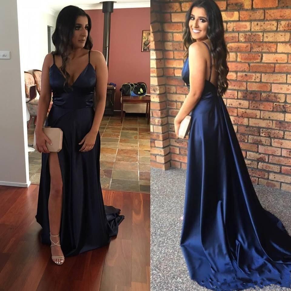 navy blue spaghetti strap prom dress