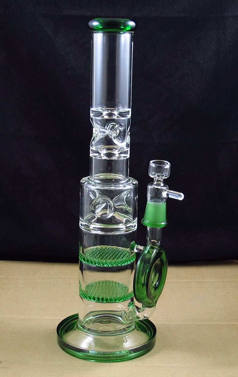 2021 14 Inch Green Glass Water Bong Pipe With Two And 6 Pinch