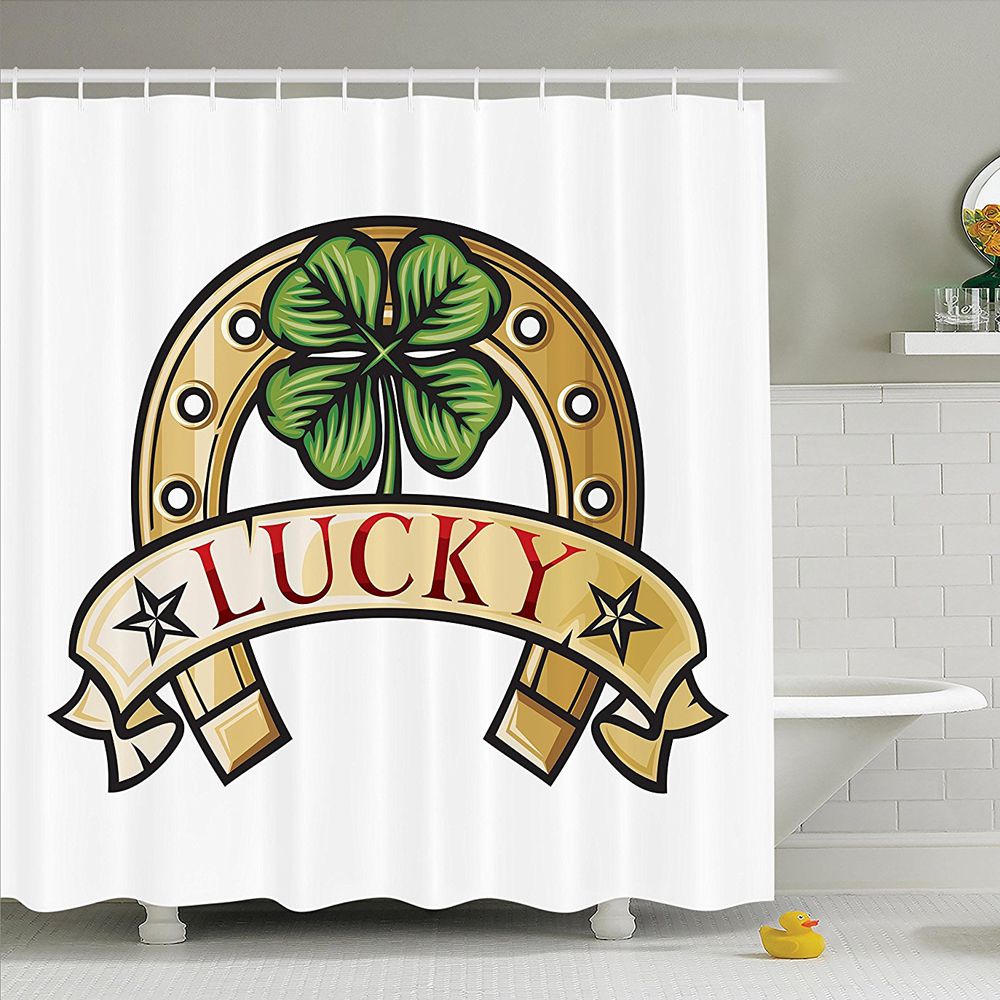 Horseshoe And Four Leaf Clover Tradition Luckiness Shamrock Petals Meval Image Polyester Fabric Bathroom Shower Curtain