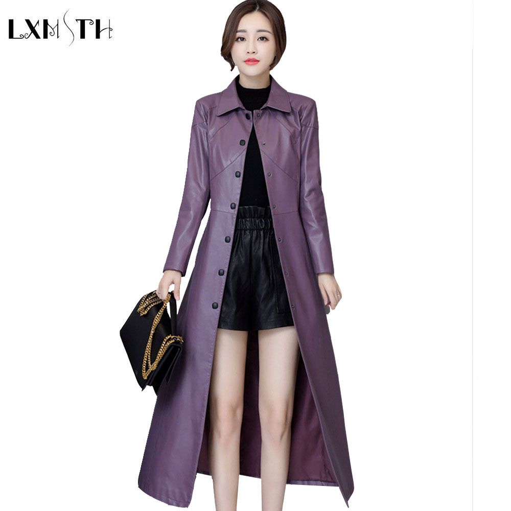 Lxmsth 5xl Plus Size Faux Leather Trench Coat Long Women Fall 2018 Single Ted Las Pu Female A Line Jaceket