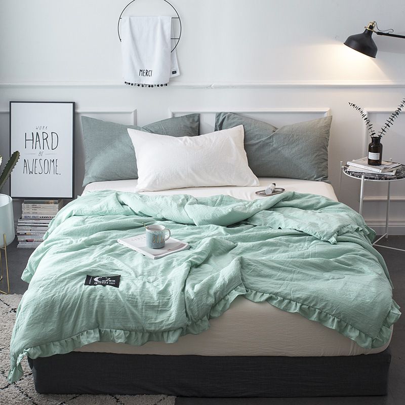 Summer Green Patchwork Quilts Ruffles Duvet Bed Cover Freshness Summer Green Patchwork Quilts Ruffles Duvet Bed Cover Freshness Linens Washed Cotton Throw Blankets Solid Bedding Bedspreads On And