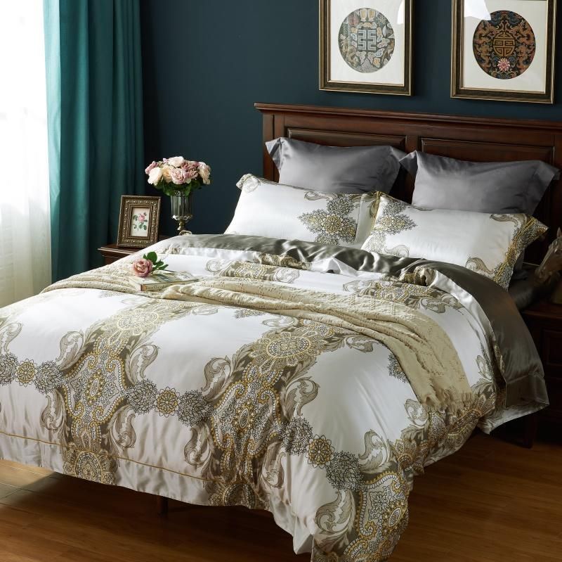 White And Golden Silk Bedding Set Queen Size Bed Sets 1000tc White And Golden Silk Bedding Set Queen Size Bed Sets 1000tc Sheet Luxury Room Decor Royal Home Textile European Bedspread Youth