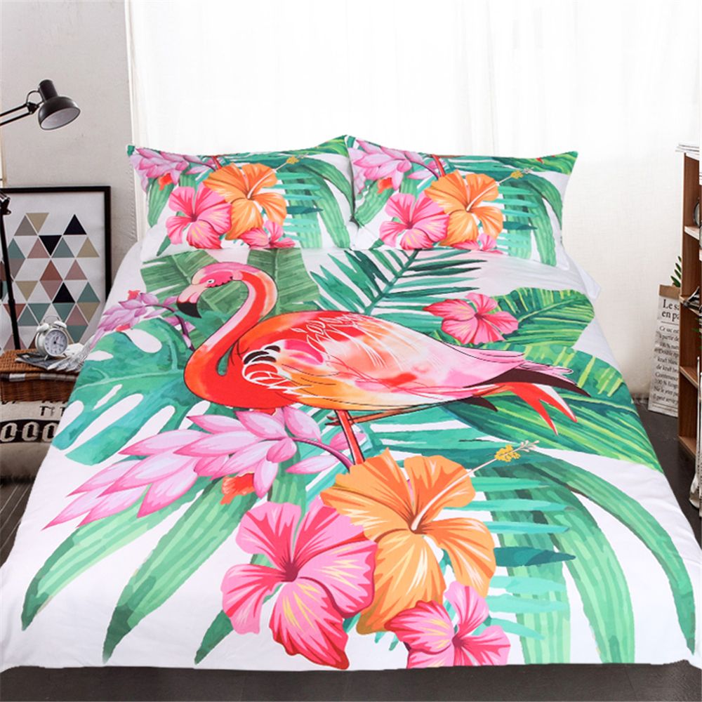 Flamingo Bedding Set Tropical Plant Quilt Cover King Size Home Bed Flamingo Bedding Set Tropical Plant Quilt Cover King Size Home Bed Flower Print Pink And Green Bedclothes Accessories Girls From