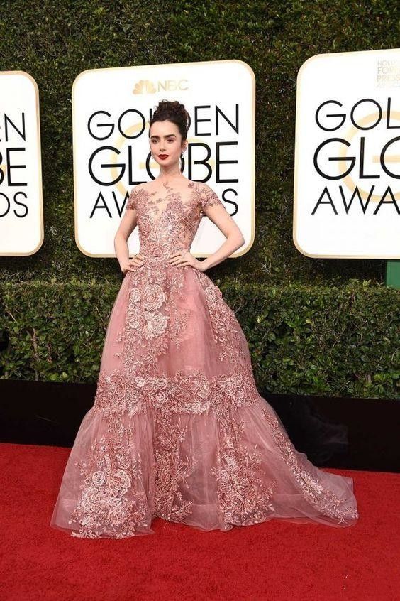 Pink Celebrity Red Carpet Dresses Sheer Neckline Lace Appliques Short Sleeve Pretty Evening Gowns Gorgeous Organza Prom Dress From Newdeve 247 44 Dhgate Com