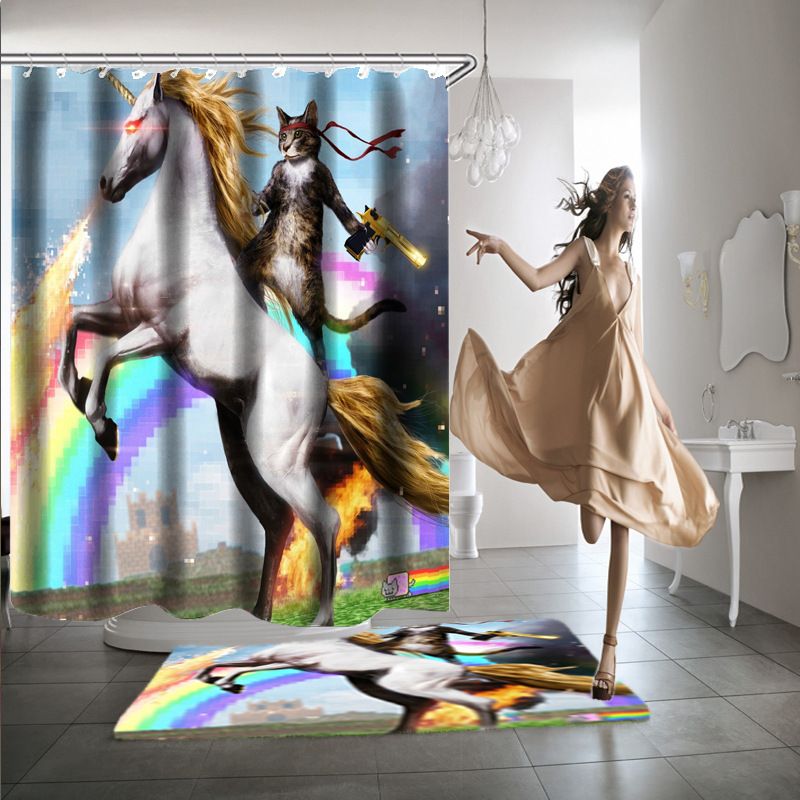 2020 Home Decor Cat Riding On Horse Printed Shower Curtains Bath