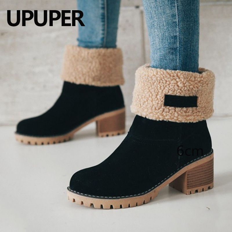 2019 Winter Boots Women Female Fur Warm Snow Boots Winter Fashion Square High Heels Shoes Woman Ankle Boots Black Green Botas Mujer 2019 Winter Boots Women Female Fur Warm Snow Boots Winter Fashion Square High Heels Shoes Woman Ankle Boots Black Green Botas Mujer