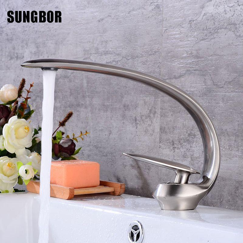 Brushed Nickel Basin Vanity Sink Faucet Single Handle Waterfall Bathroom Mixer Deck Mount Hot Cold Water Tap 3 Color For Choice