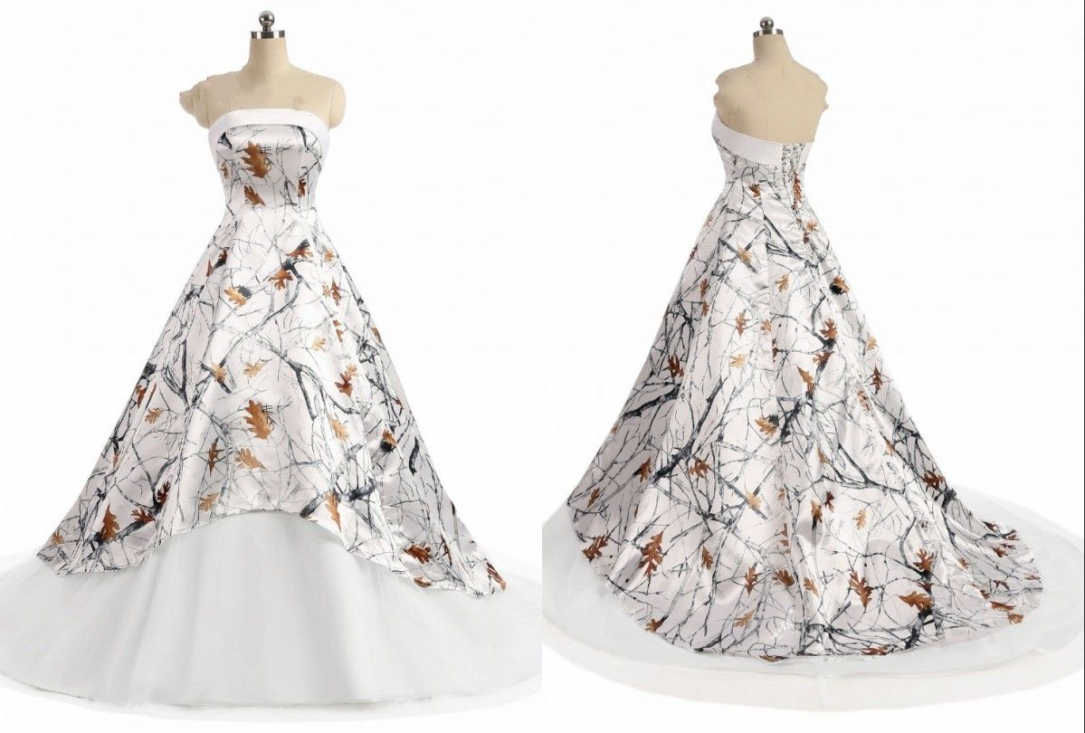 Discount White Camo Wedding Dress Cheap 2019 New Strapless Simple