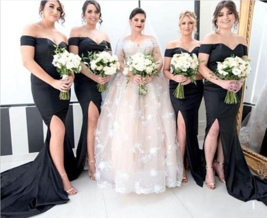 long black off the shoulder bridesmaid dress