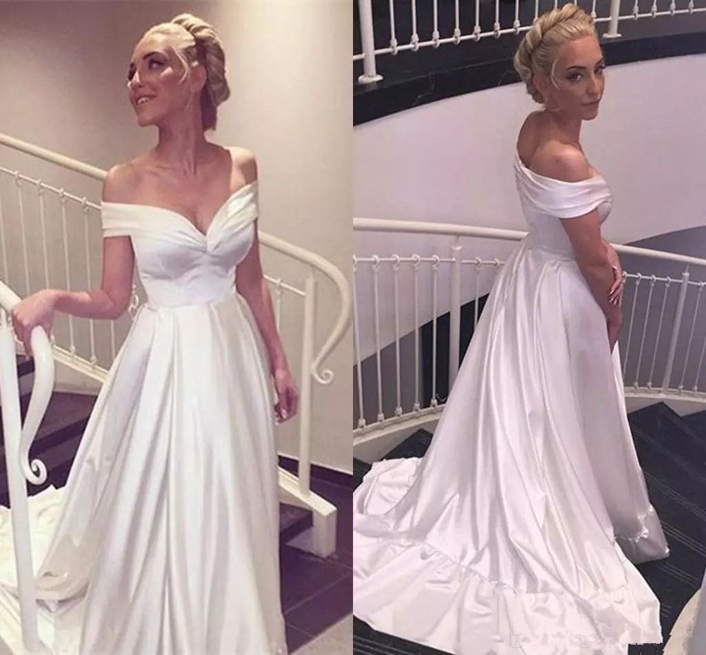 Discount Simple Satin White Wedding Dresses Off The Shoulder Plus