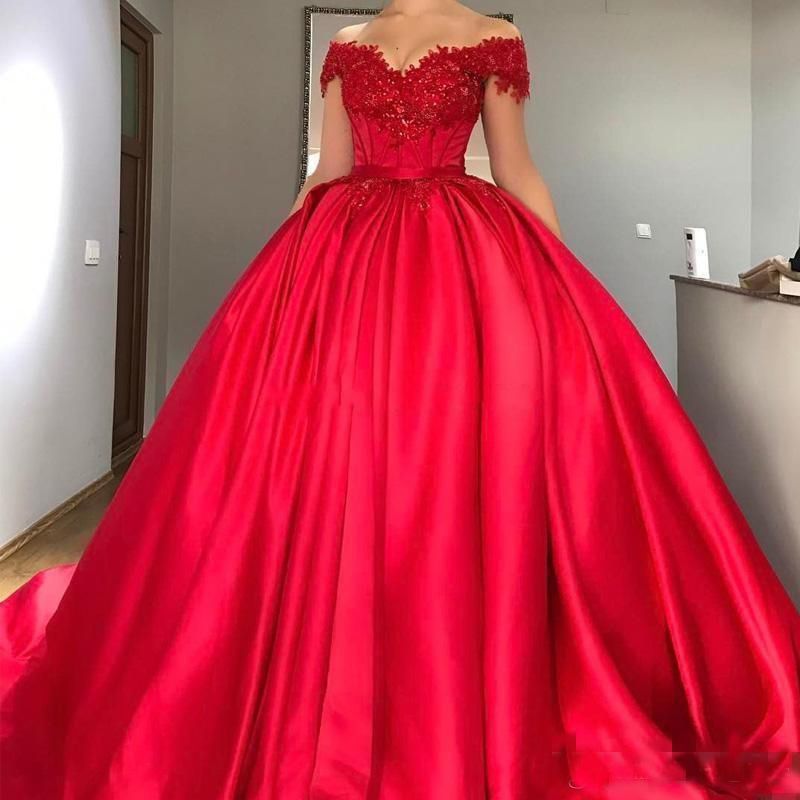 red ball gown off shoulder