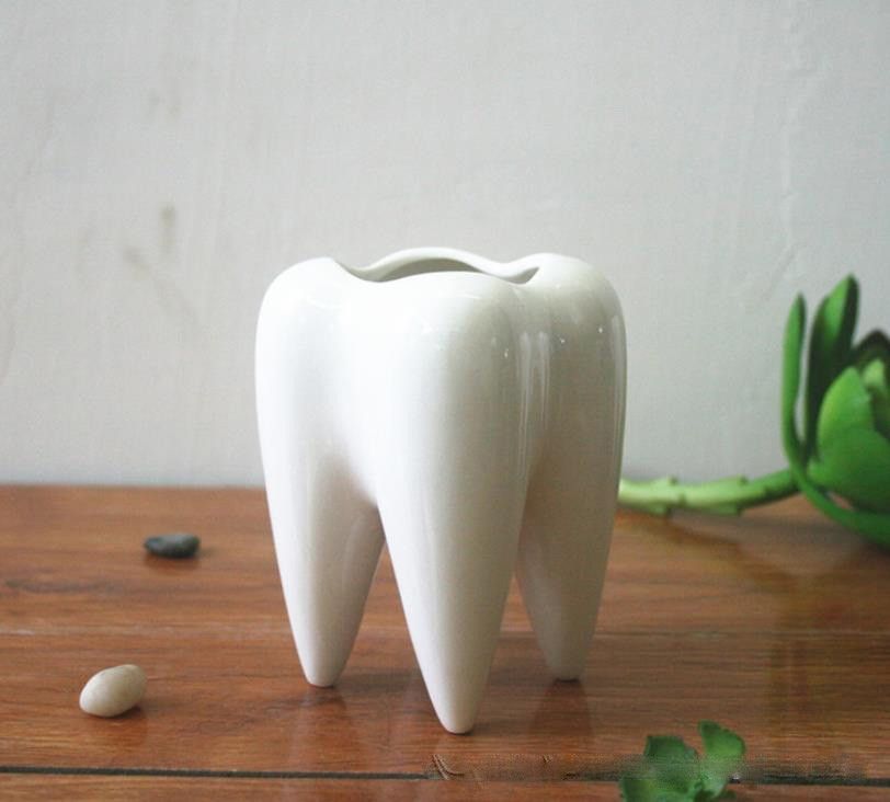 Tooth Shape White Ceramic Flower Pot Modern Design Planter Teeth Model