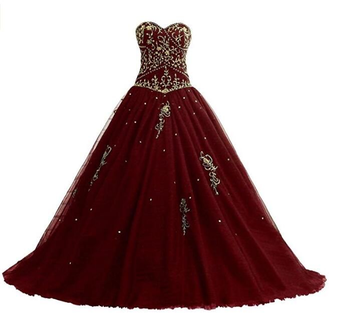 Discount 2018 New Real Photos Burgundy Red Gold Princess Wedding Dresses Sweetheart Beaded
