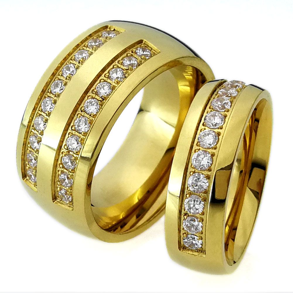 2019 His Her Gold Tone Stainless Steel Wedding Engagement Ring Band