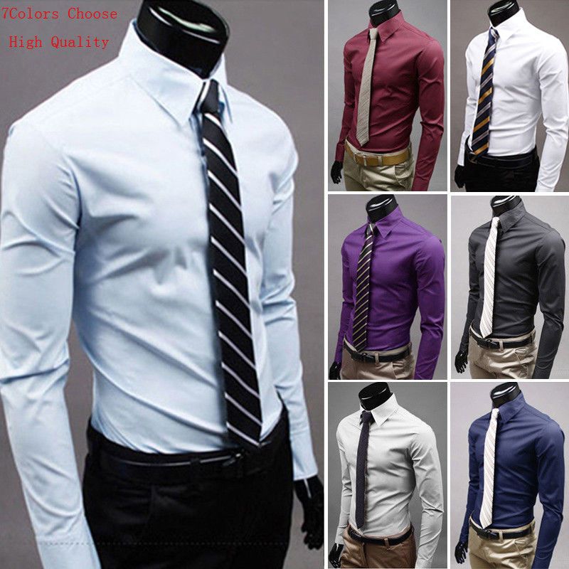 Luxury Men's Stylish Dress Shirt Slim Fit Shirts Formal Long Sleeve HOT