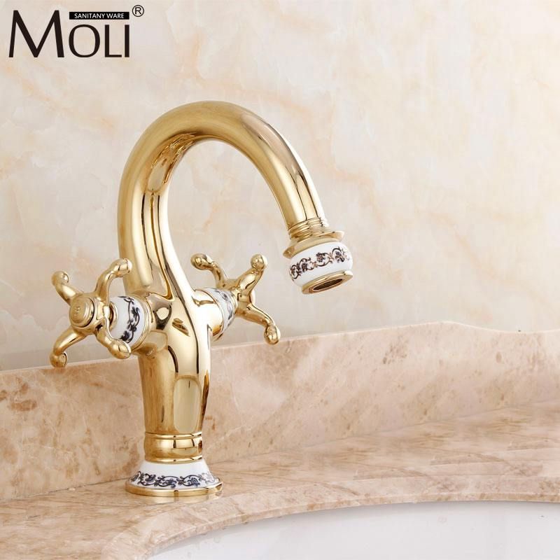 Luxury Gold Bathroom Basin Sink Facets Single Hole Copper Tap Crane Hot And Cold Water Mixer Swan Faucet