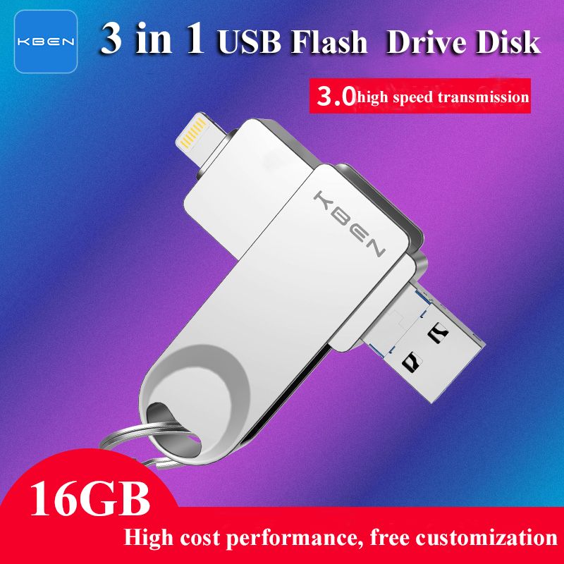 3-in-1 8-pin/Micro-USB/USB 3.0 OTG Flash Drive (16GB)