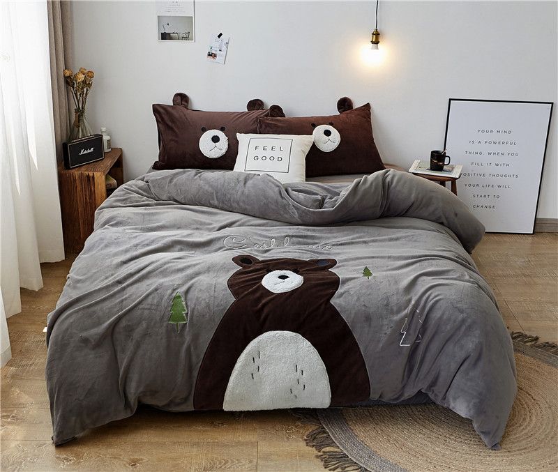 Milk Velvet Warm Winter Cartoon Bear Fleece Bedding Set Duvet Cover Milk Velvet Warm Winter Cartoon Bear Fleece Bedding Set Duvet Cover Bed Linen Sheet Pillowcases Fitted Children Gift Cotton Comforter Sets Queen