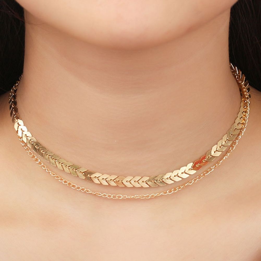 2Pcs//Set Sequins Necklace Simple Fish Bone Double Layers Boho Choker Jewelry New