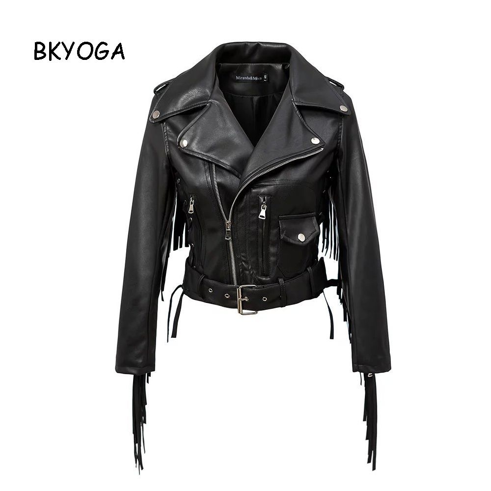 Punk Women Motorcycle Pu Leather Biker Sleeves Back Tassels Jacket Coat Black