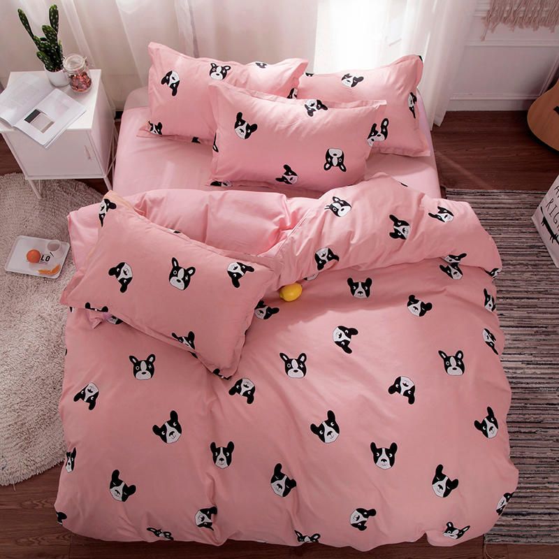 Cartoon Dog Bed Linen Girls Pink Bedding Set 4pc Kids Boys Twin Full Queen King Sheet Duvet Cover Bedspread Pillowcase