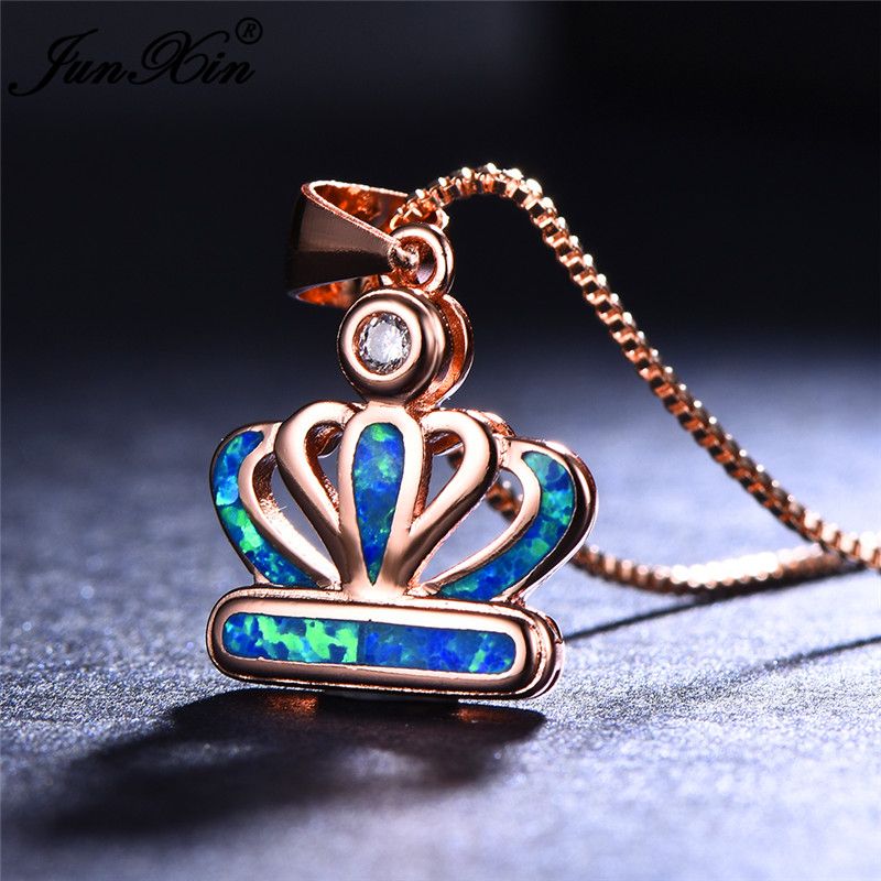 Whole Cute Female Big Crown Pendants Necklaces Vintage Rose Gold Whole Cute Female Big Crown Pendants Necklaces Vintage Rose Gold Jewelry Boho Blue White Fire Opal For Women Diamond Round