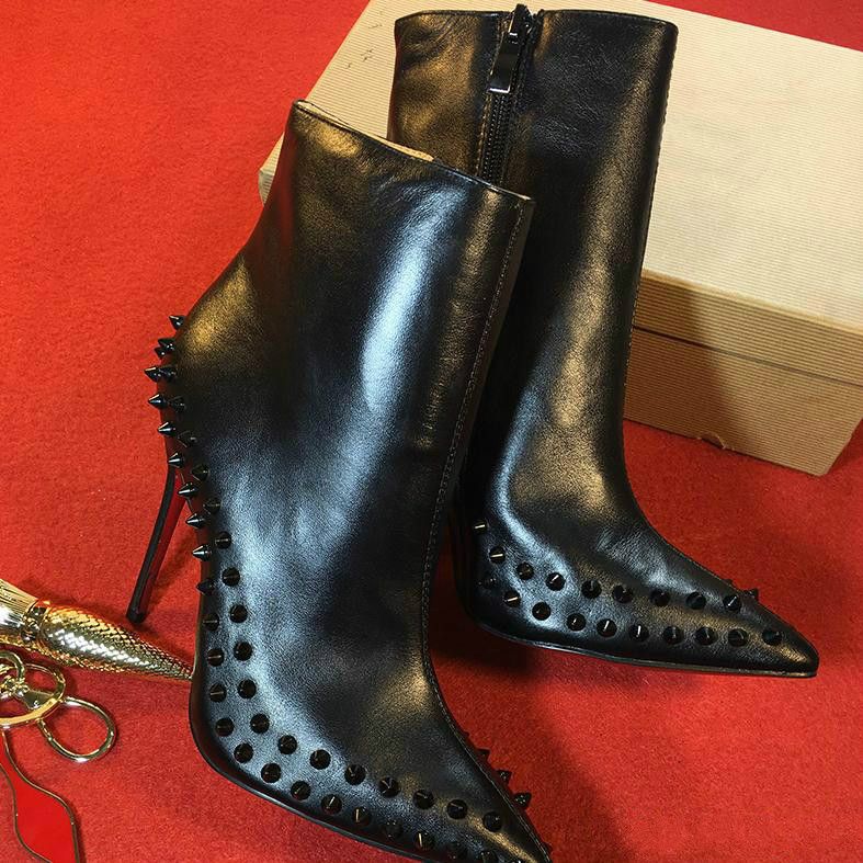 Women Designer Boot Black High Heels Ankle Boot Red Bottom Spikes Boots ...