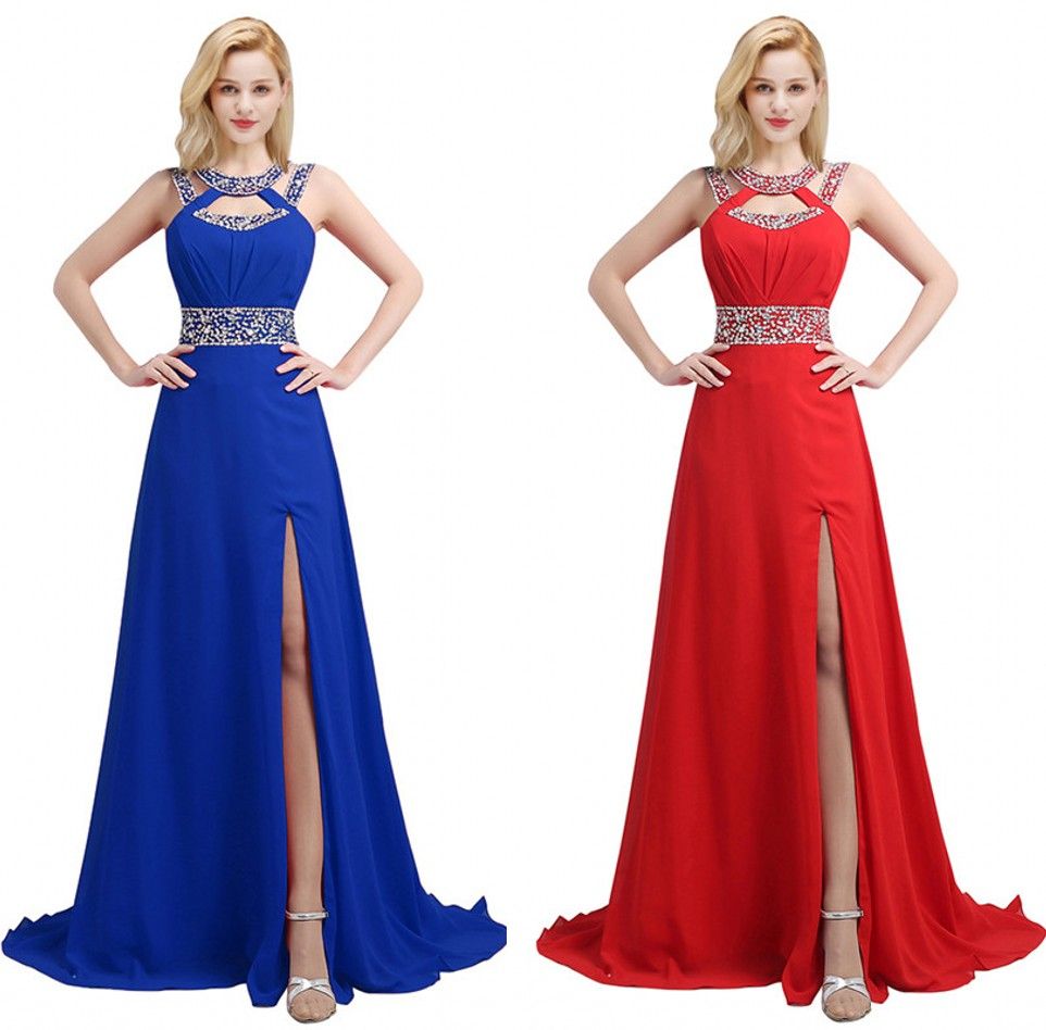 Designed Red Evening Dresses Crystals Beaded A Line Halter Neck Split
