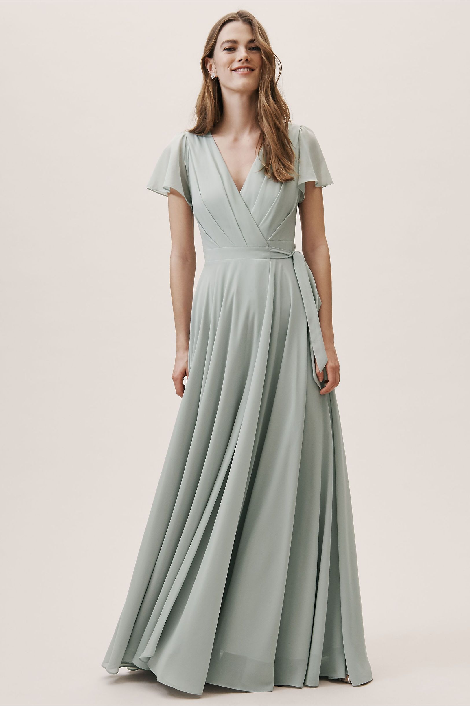 flutter sleeve crisscross mesh bridesmaid dress