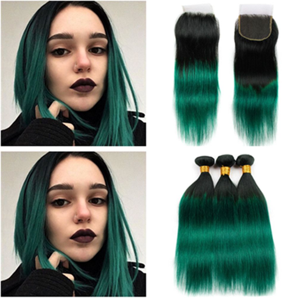 1b Green Ombre Human Hair Bundles With Closure Ombre Dark Green