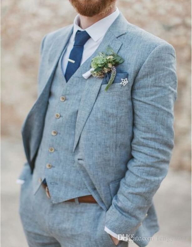 Light Blue Linen Men Suits Wedding Groom Tuxedos Groomsmen Suit