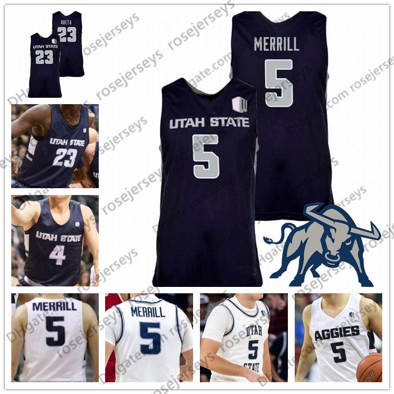 2021 Custom Utah State Aggies 2020 Basketball Navy Blue White 5 Sam Merrill 34 Justin Bean 22