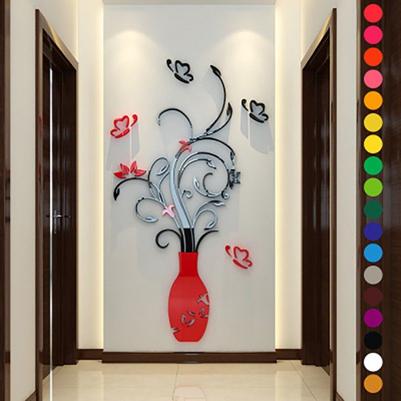 fashion home wall stickers diy 3d vase flower tree crystal arcylic
