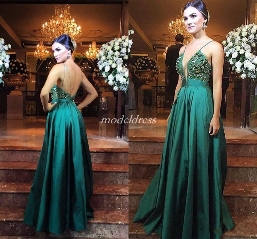 Hunter Green Backless Prom Dresses 2019 Spaghetti Floor Length