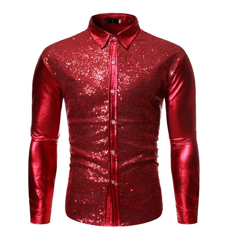 2021 Men'S Luxury Red Sequin Dress Shirts Slim Fit Long Sleeve Shirt